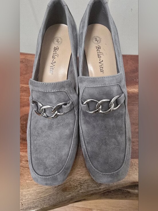 Bella Vita Shoes - Bella-Vita Grey Suede Chain Loafers Heels Size 8.5